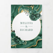 エメラルドグリーンフローラ大理石オールインワン結婚ズ 三つ折り招待状 (カバー)