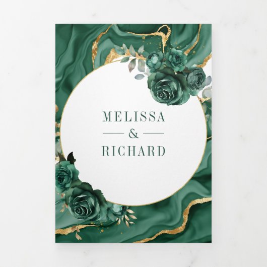 エメラルドグリーンフローラ大理石オールインワン結婚ズ 三つ折り招待状 (カバー)