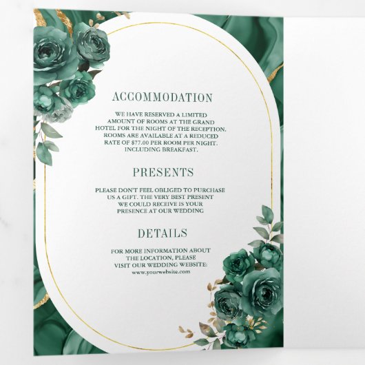 エメラルドグリーンフローラ大理石オールインワン結婚ズ 三つ折り招待状 (内部最初)