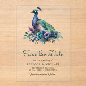 エメラルドグリーンフローラ孔雀ウェディング日付を保存 アクリル招待状 (正面)