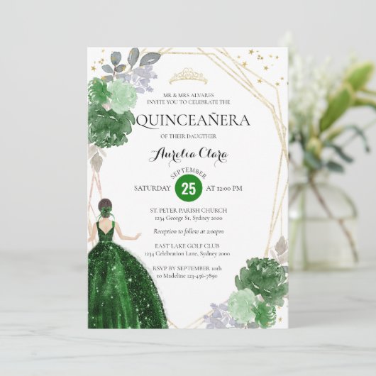 エメラルドグリーンフローラ幾何学写真キンセアニラ 招待状 (スタンド正面)