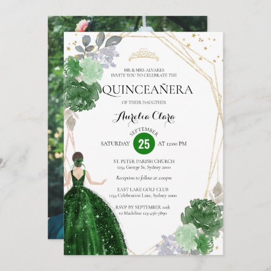 エメラルドグリーンフローラ幾何学写真キンセアニラ 招待状 (正面/裏面)