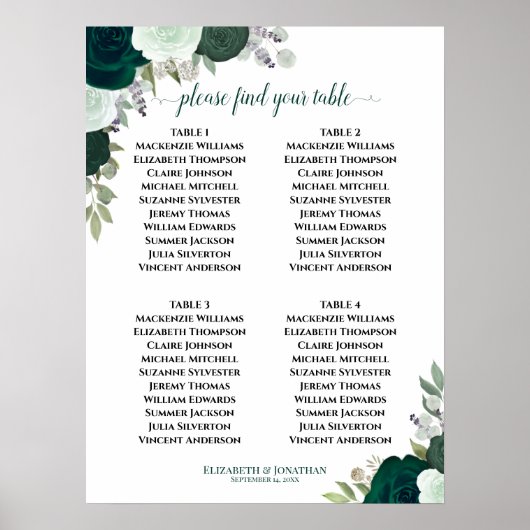 エメラルドグリーンフローラ結婚の4つの座席表 ポスター (正面)