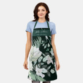 エメラルドグリーンフローラ美しいプロフェッショナル エプロン (着用した状態)