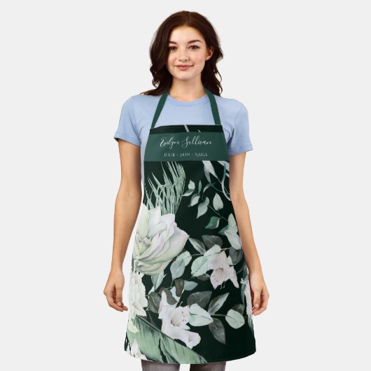 エメラルドグリーンフローラ美しいプロフェッショナル エプロン (着用した状態)