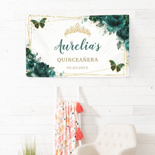 エメラルドグリーンフローラ蝶ウェルカムバックドロップ 横断幕 (インサイチュ)