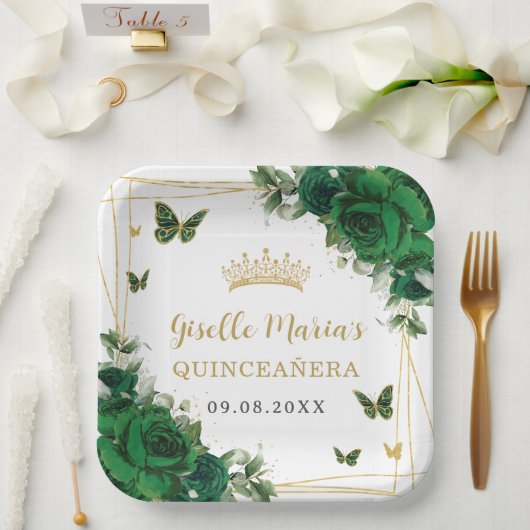 エメラルドグリーンフローラ蝶キンセアニラ ペーパープレート (ウェディング)