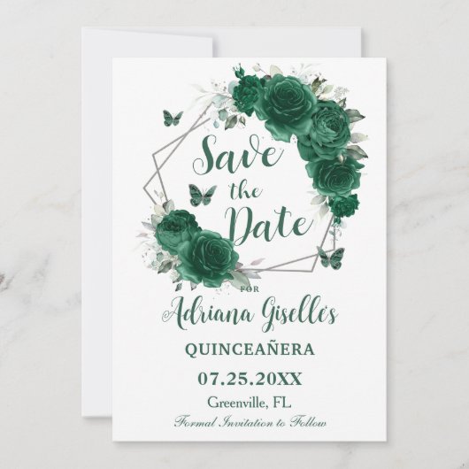 エメラルドグリーンフローラ蝶スウィート16誕生日 セーブザデート (正面)