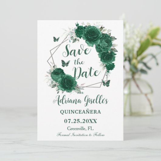 エメラルドグリーンフローラ蝶スウィート16誕生日 セーブザデート (スタンド正面)