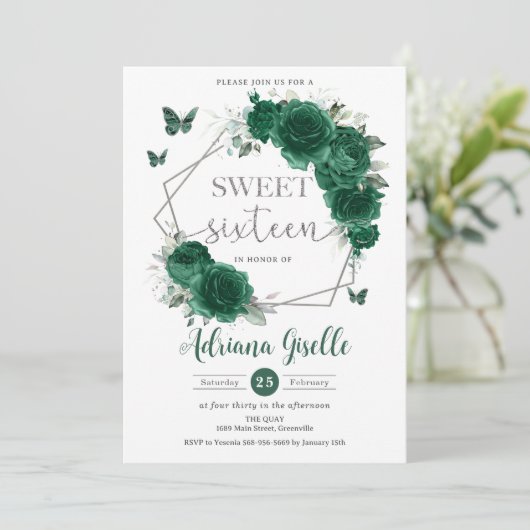 エメラルドグリーンフローラ蝶スウィート16誕生日 招待状 (スタンド正面)
