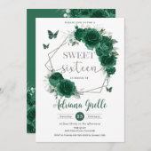 エメラルドグリーンフローラ蝶スウィート16誕生日 招待状 (正面/裏面)