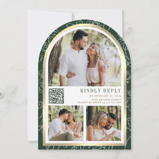 エメラルドグリーンフローラ金ゴールドアーチバタフライ結婚ズ 招待状 (裏面)