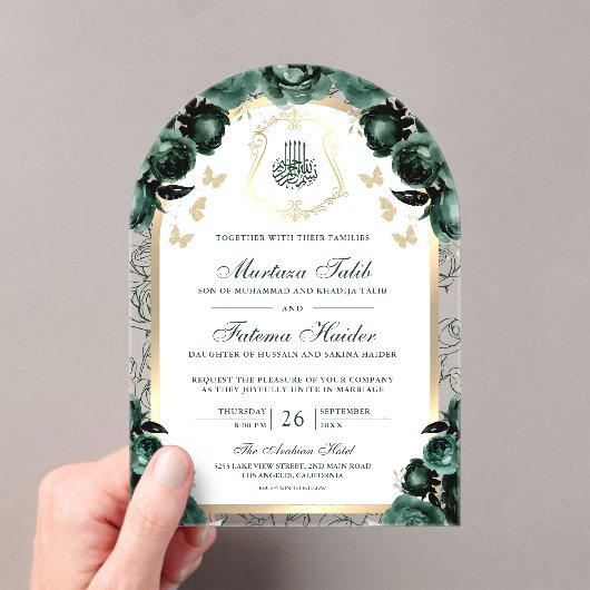 エメラルドグリーンフローラ金ゴールドアーチムスリム結婚ズ アクリル招待状 (インサイチュ (ポータブル))