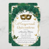 エメラルドグリーンフローラ金ゴールドマスカレードキンセアニラ 招待状 (正面/裏面)