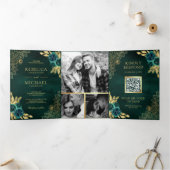 エメラルドグリーンフローラ金ゴールドレースQRコード結婚ズ 三つ折り招待状 (内部)