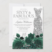 エメラルドグリーンフローラ&シルバーガウン60誕生日 招待状 (正面)