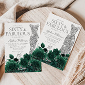 エメラルドグリーンフローラ&シルバーガウン60誕生日 招待状