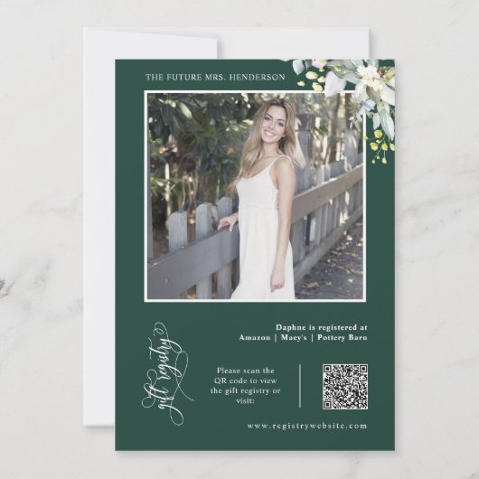 エメラルドグリーンブライダルシャワーQRコードフォト 招待状 (裏面)