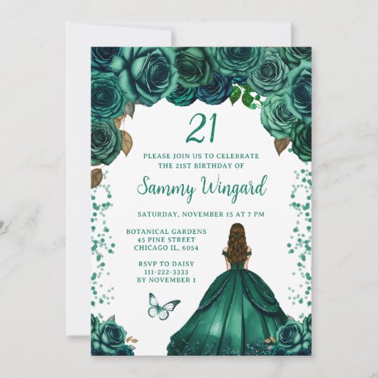 エメラルドグリーンブラウンヘアプリンセス誕生日パーティー 招待状 (正面)