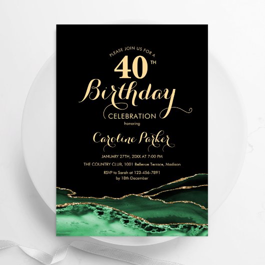 エメラルドグリーンブラック金ゴールドアゲート40歳の誕生日 招待状