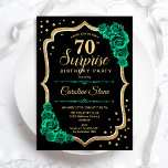エメラルドグリーンブラック金ゴールドサプライズ70誕生日 招待状<br><div class="desc">誕生日パーティーの招待状70日。黒フェミニンとエメラルドのグリーンデザインとフェイクグリッター金ゴールド。機能バラ、スクリプトフォント、紙吹雪。女性の日エレガントお祝いに最適。任意のパーソナライズされた年齢を示すことができる。印刷されたZazzle招待状または即時ダウンロードのデジタル印刷可能なテンプレート。</div>