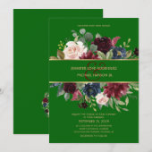 エメラルドグリーンブルガンディーネイビー金ゴールドフローラボホインバート 招待状 (正面/裏面)