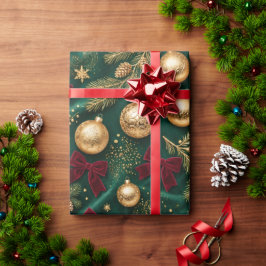エメラルドグリーンベルベット高級クリスマス ゴールドオーナメント ラッピングペーパー