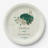 エメラルドグリーンベージュ結婚フラワーズ ペーパープレート (正面)
