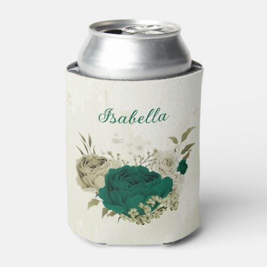 エメラルドグリーンベージュ結婚フラワーズ 缶クーラー (缶正面)