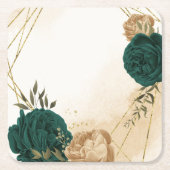 エメラルドグリーンベージュ金ゴールド結婚植物学 スクエアペーパーコースター (正面)