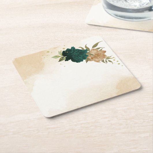 エメラルドグリーンベージュ金ゴールド結婚植物学 スクエアペーパーコースター (アングル)