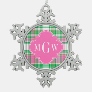 エメラルドグリーンホットピンクホットマドラスモノグラム スノーフレークピューターオーナメント