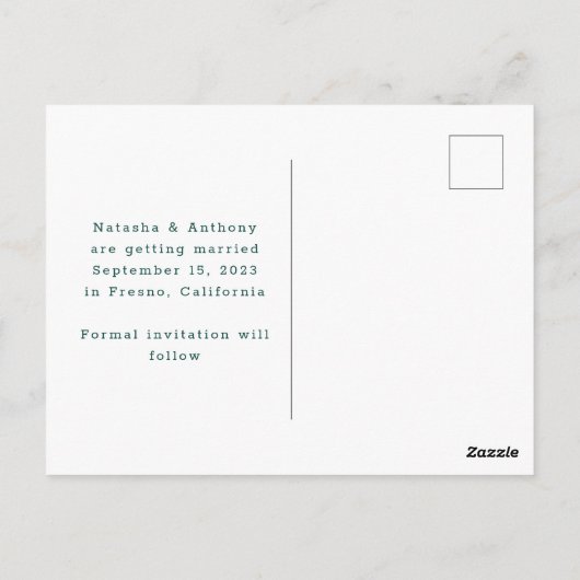 エメラルドグリーンホワイトフォトウェディング日付を保存 ポストカード (裏面)