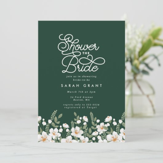 エメラルドグリーンホワイトフレッシュフラワーズブライダルシャワー 招待状 (スタンド正面)