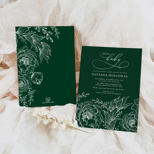 エメラルドグリーンホワイトボタニカルフローラベビーシャワー 招待状