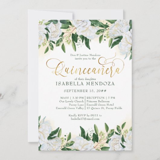 エメラルドグリーンホワイト牡丹キンセアニェラとミサ 招待状 (正面)