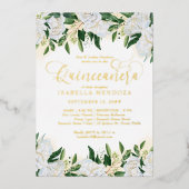 エメラルドグリーンホワイト牡丹キンセアニェラミサ金ゴールド 箔招待状 (正面)