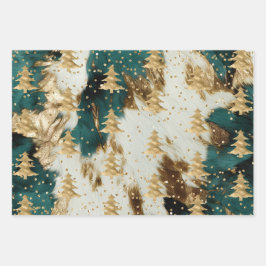 エメラルドグリーンホワイト金ゴールドクリスマスツリー ラッピングペーパーシート