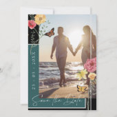 エメラルドグリーンボヘミアンワイルドフラワーの写真付きSave the Date セーブザデート (正面)