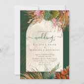 エメラルドグリーンボホトロピカルパンパスグラス結婚ズ 招待状 (正面)