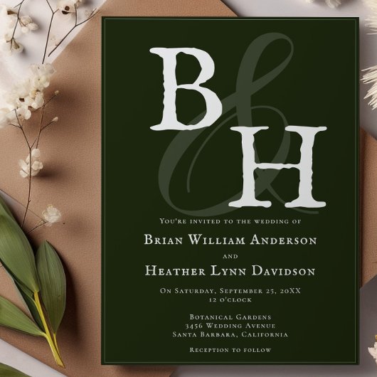 エメラルドグリーンミニマリストモノグラム結婚ズ 招待状