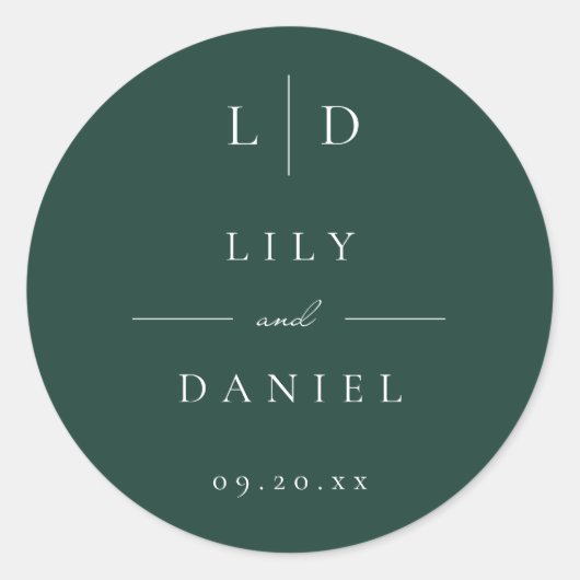 エメラルドグリーンミニマリストモノグラム結婚式の引き出物 ラウンドシール (正面)