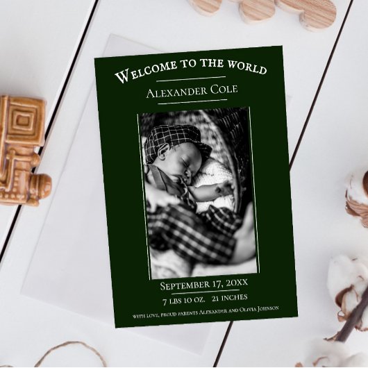 エメラルドグリーンミニマル写真誕生のお知らせ 案内状