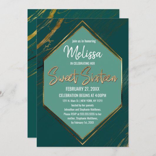 エメラルドグリーンミント金ゴールドジオメトリックマーブルスウィート16 招待状 (正面/裏面)