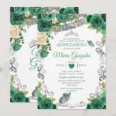 エメラルドグリーンメキシカンチャラMis Quince蝶 招待状 (正面/裏面)
