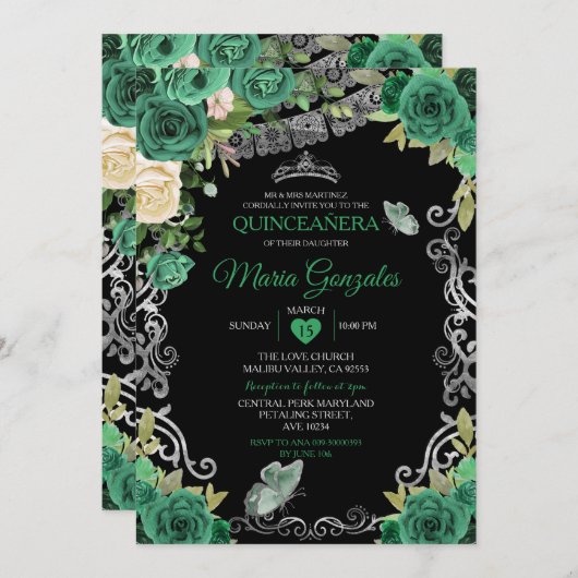 エメラルドグリーンメキシカンチャラMis Quince蝶 招待状 (正面/裏面)