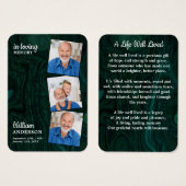 エメラルドグリーンメモリアル3写真葬式祈りの言葉カード (正面&裏面)