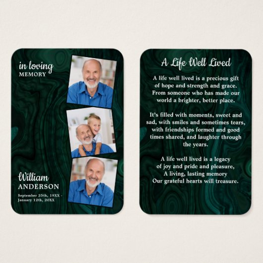 エメラルドグリーンメモリアル3写真葬式祈りの言葉カード (正面&裏面)
