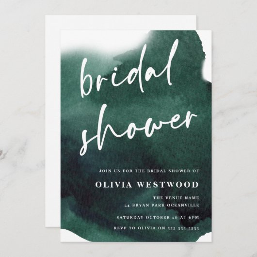 エメラルドグリーンモダンウォーターカラーブライダルシャワー 招待状 (正面/裏面)