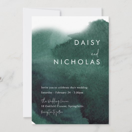 エメラルドグリーンモダンウォーター結婚カラー 招待状 (正面)